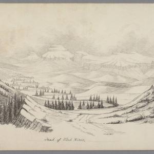“Head of Wind River,” drawing by James D. Hutton, ink and pencil on paper, 1860. Raynolds and the main body of the expedition traveled up Wind River, over Union Pass and down the Gros Ventre Valley into Jackson Hole. The Huntington Library.