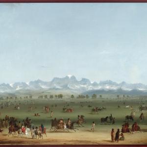 Alfred Jacob Miller attended the 1837 rendezvous at Green River and later created this large oil painting to depict the camp and the activities that took place there. Courtesy American Heritage Center, University of Wyoming.
