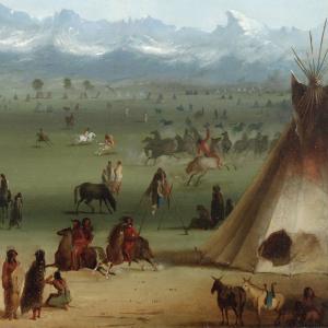 Inset of Miller’s painting showing Native peoples gathering horses and riding, while others on foot and horseback congregate near a tipi in the foreground. A rider on a light-colored horse rears amid the herd being driven across the grassland. Courtesy American Heritage Center, University of Wyoming.