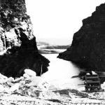 Looking south through Alcova Canyon as construction began on the dam, about 1935. American Heritage Center.