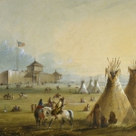 Baltimore painter Alfred Jacob Miller visited Fort Laramie in 1837, during the waning years of the fur trade. He painted this painting from sketches two decades later. Walters Art Gallery, Wilkipedia.