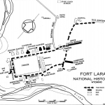 A plan of the Fort Laramie Historic Site in 1963. Today, many more buildings have been restored and there are more parking and picnic grounds about where the North arrow is on this map. National Park Service.