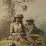 'Trappers,' by Alfred Jacob Miller. Another example of the combination of Miller's romantic view of the West with attention to unique details of dress and gear. The man on the left may be the well-known mountain man Moses 'Black' Harris. Walters Art Museum. 