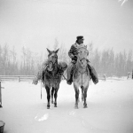 Forest Ranger Milt Ames brings in the frozen body of Pete Bonneville, November 1920. Indian Pete, as he was known to his neighbors, had disappeared in the mountains four years earlier. Photographer unknown; Lora Nichols Collection, Grand Encampment Museum.