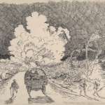 'Road mine exploded by a ambulance near Nantilos France,' Ostrom’s notes on this picture tell us. Pieces of the ambulance have been blown into the air; the truck in the foreground bears the 148th Field Artillery's bucking-horse logo on its tailgate. The town of Nantillois was occupied by German troops for four years during the war and liberated by Americans near the start of the Meuse-Argonne offensive of September 1918—and almost completely destroyed in the process. Wyoming Veterans Memorial Museum.
