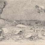 George Ostrom titled this sketch, 'In the Argonne Oct. 1918.' At left, guns of the 148th Field Artilllery fire at enemy positions in a heavy downpour. In the center, soldiers, some from inside their pup tents, fire rifles at a German plane overhead. Other soldiers at right cross a bridge. Fighting in the Argonne was part of the 47-day Meuse-Argonne offensive in the fall of 1918, the final Allied push that ended the war. Wyoming Veterans Memorial Museum. 