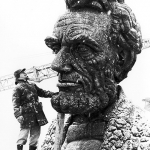 Russin with his Lincoln head at the time of its installation  to commemorate Lincoln's 150th birthday in February 1959, at the highest point on the Lincoln Highway. Randy Wagner photo, American Heritage Center.