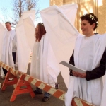 Romaine Patterson, right, of State College, Pa., and other demonstrators dressed as angels, stand outside the Albany County Courthouse in Laramie, Wyo., Monday, Oct. 11, 1999, as jury selection began in the trial of Aaron McKinney, accused in the slaying of University of Wyoming student Matthew Shepard. Ed Andrieski, The Associated Press.