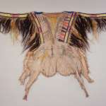 Back view of a Cheyenne man’s shirt, ca. 1860. The painted design illustrates two Cheyenne warriors battling Pawnee fighters. Painted pipes represent the number of war parties led by the artist of the shirt and the row of figures represents enemies he has defeated. Shown on the front is the image of the Cheyenne warrior defeating two Crow enemies. Other decorations include horse and human hair, porcupine quills and glass beads. NMAI, Smithsonian Institution, catalog Number: 8/8034. 