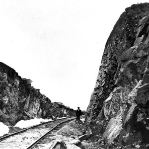 By the end of 1867, Union Pacific tracks had reached the Carmichael cut in Granite Canyon west of Cheyenne. A.J. Russell, 1869. USGS photo. 