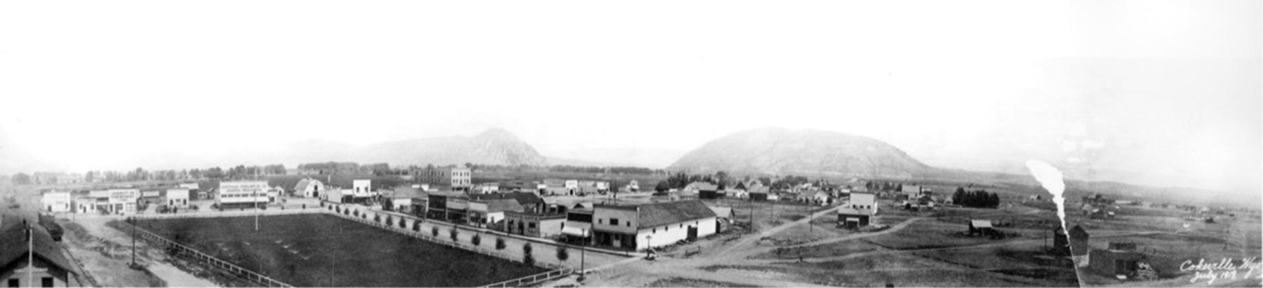 Cokeville, July 1919. Between 1908 and 1919, business boomed and the town built a large new school building, paved roads, added sidewalks and installed electric lights. Wyoming State Archives.