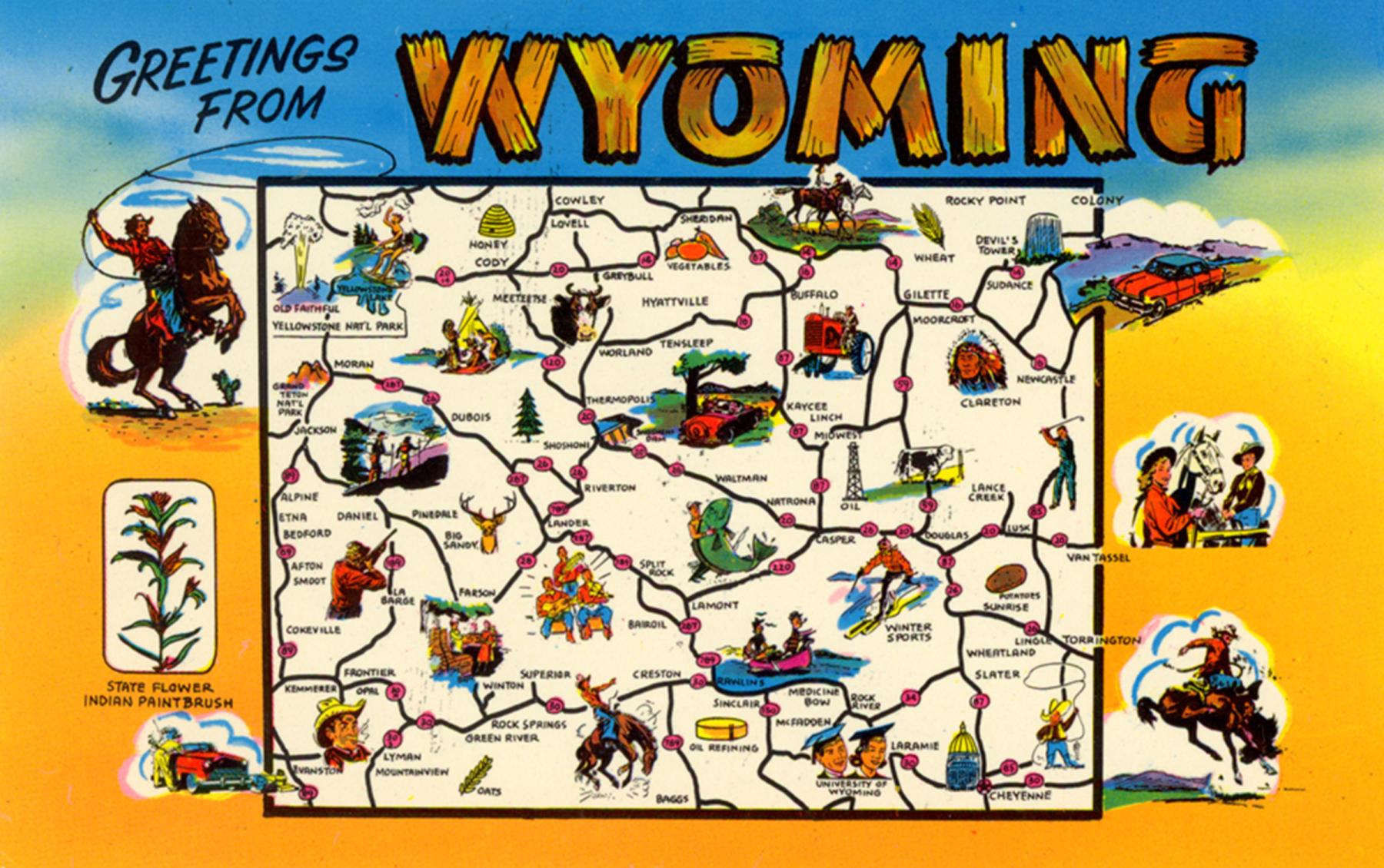 This postcard map from 1971 shows Native people stereotyped as a chief in a headdress or a family around a tipi—along with cowboys, cars, agriculture, an oil derrick and more cowboys. Wyoming State Archives.