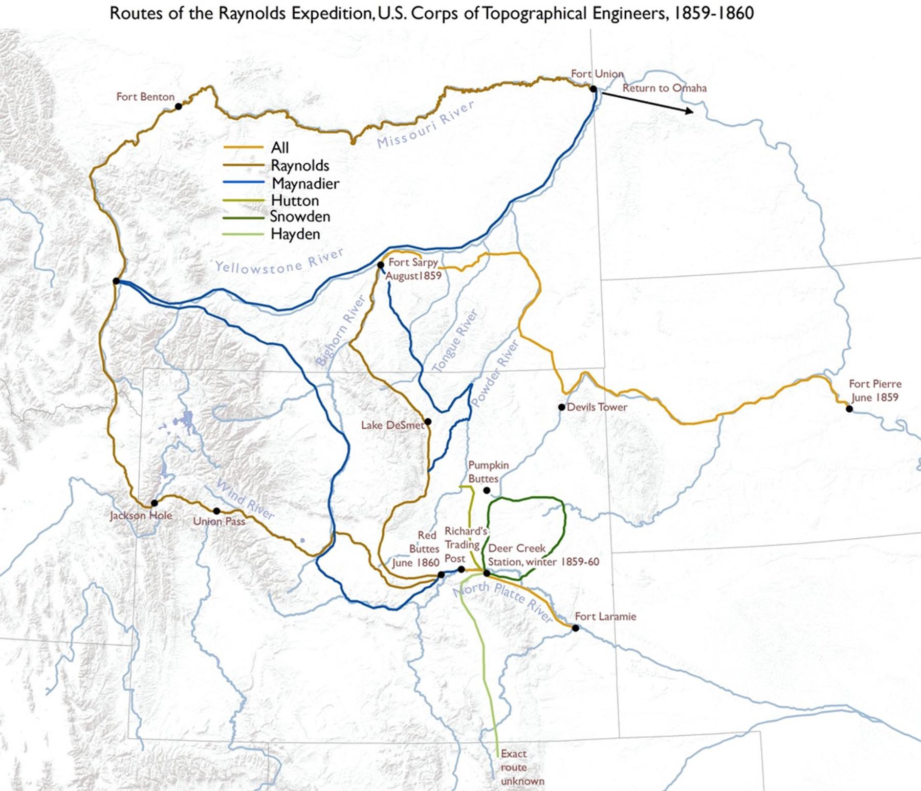 Members of the Raynolds Expedition in 1859 and 1860 came up the Missouri as far as Fort Pierre, traveled overland to Fort Sarpy, a trading post on the Yellowstone, and from there moved south along the east flank of the Bighorn Mountains. They wintered near the confluence of Deer Creek and the North Platte River near present Glenrock, Wyoming. From there they again divided forces, with Capt. Raynolds heading west over Union Pass through Jackson Hole, turning north into what are now Idaho and Montana and cont