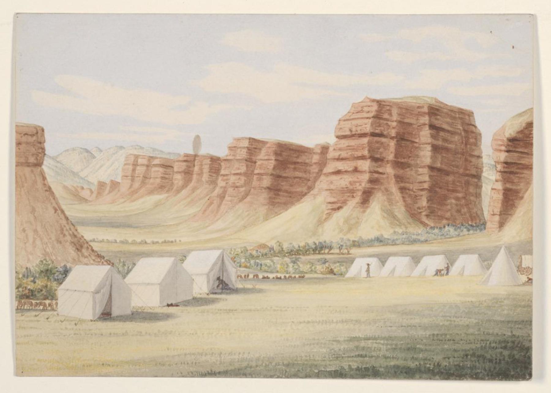 The expedition camped at this location on October 2, 1859. Raynolds wrote: “One large butte . . . seen from a distance, greatly resembles a crumbling castle. The towers and bastions are all complete, and the likeness to an old ruin is indeed extraordinary.” Expedition artist Anton Schönborn titled this watercolor “Red buttes on Powder River.” These appear to be buttes in the so-called Red Wall that runs tens of miles north and south from present Barnum, west of Kaycee, Wyoming in the southern Bighorn Mount