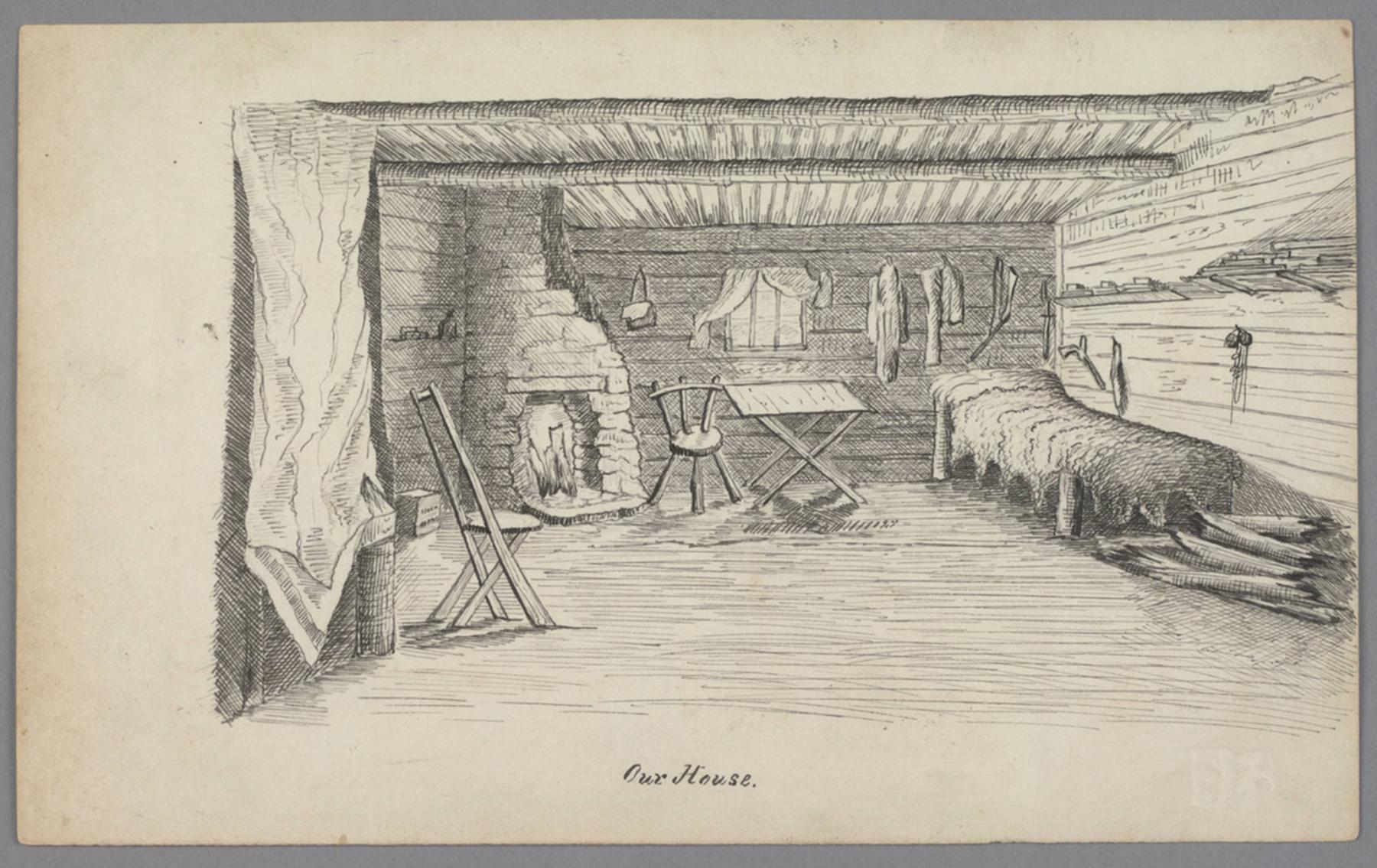 James D. Hutton titled this ink and pencil on paper drawing “Our House,” showing the inside of his quarters at Deer Creek. The log structure had dirt floors and the roof was covered with boards, brush and dirt. The Huntington Library.