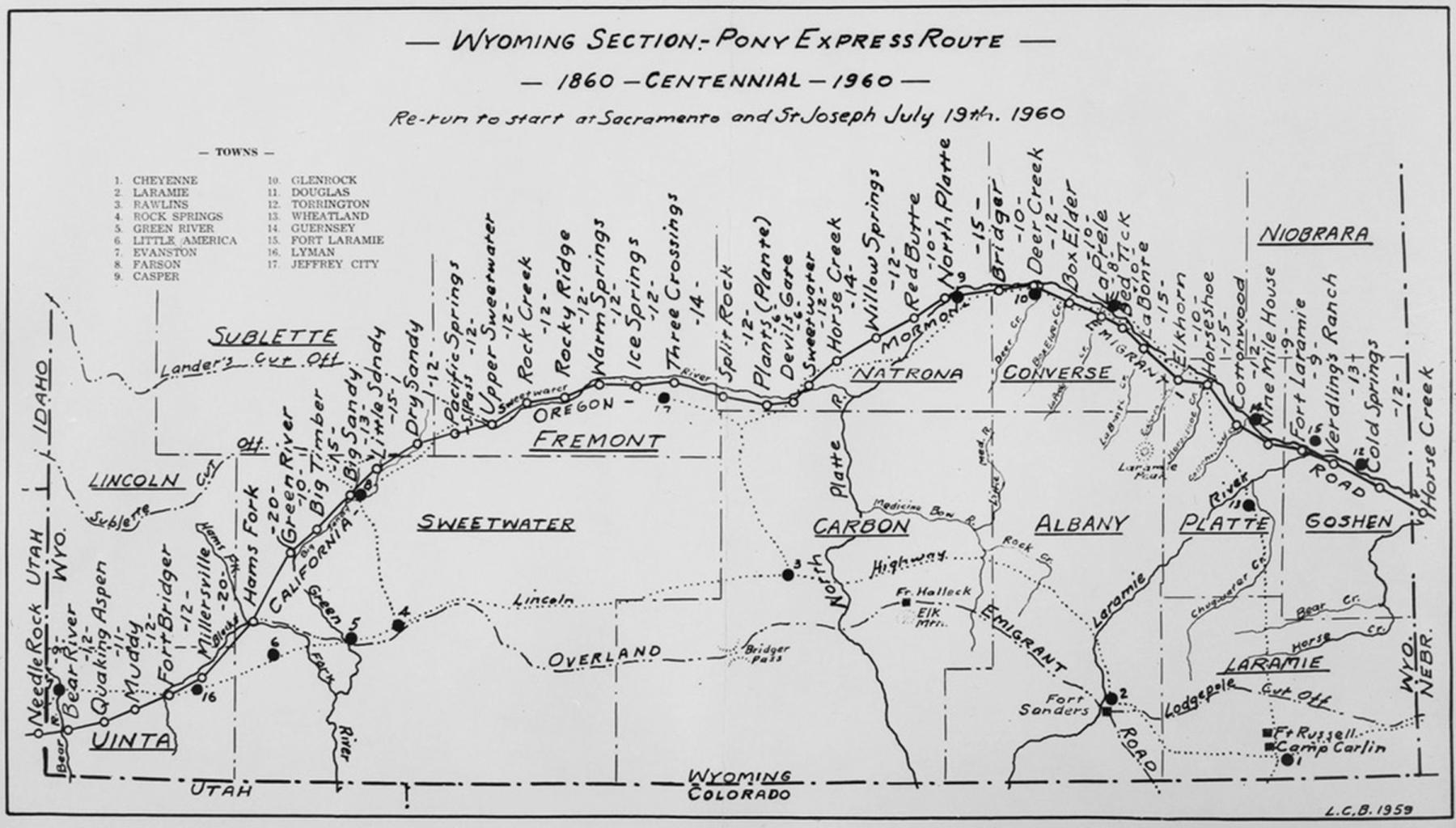 This map of the route and stations of the Pony Express through what’s now Wyoming was drawn by trails historian L.C. Bishop in anticipation of 1960 centennial celebrations. The Wyoming stretch of the route followed the well-established Oregon-California-Mormon trail. State and county lines are modern; Wyoming and its counties did not exist at the time of the Pony Express. American Heritage Center.