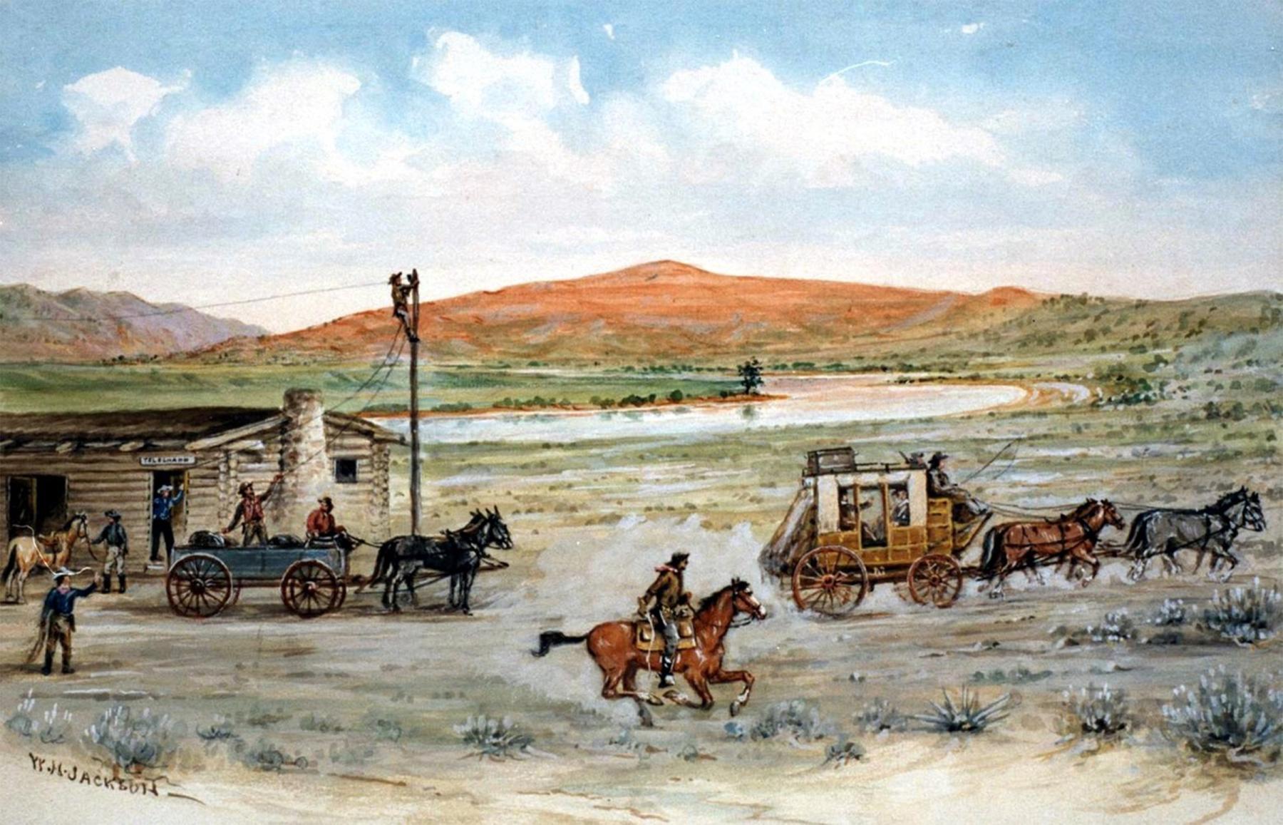 A Pony Express rider passes passes a stagecoach and a telegraph line under construction near Red Buttes west of present Casper, Wyoming. When William Henry Jackson made this picture in the 1930s, he romanticized the operation yet emphasized its short, short life. Jackson Collection, Scotts Bluff National Monument.