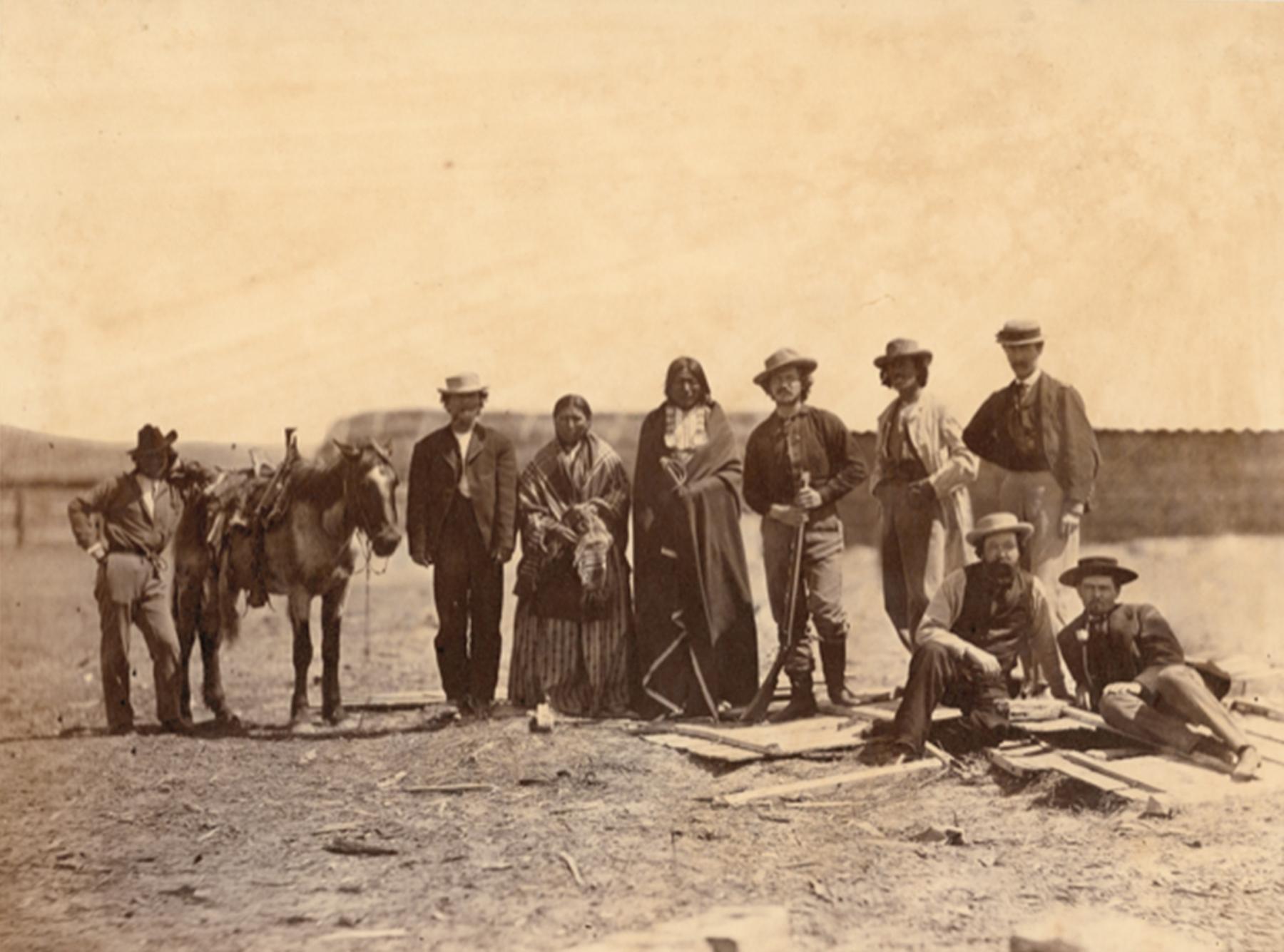 Oglala Lakota Sioux men, women, and children cross the North Platte River by ferry near Fort Laramie, 1868. Sherman collection of Gardner photographs, NMAI