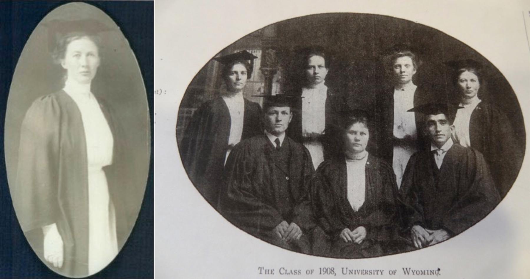 Vie’s graduation portrait, and with her fellow graduates in the in the University of Wyoming class of 1908. Vie is at far right. Garber family photo.