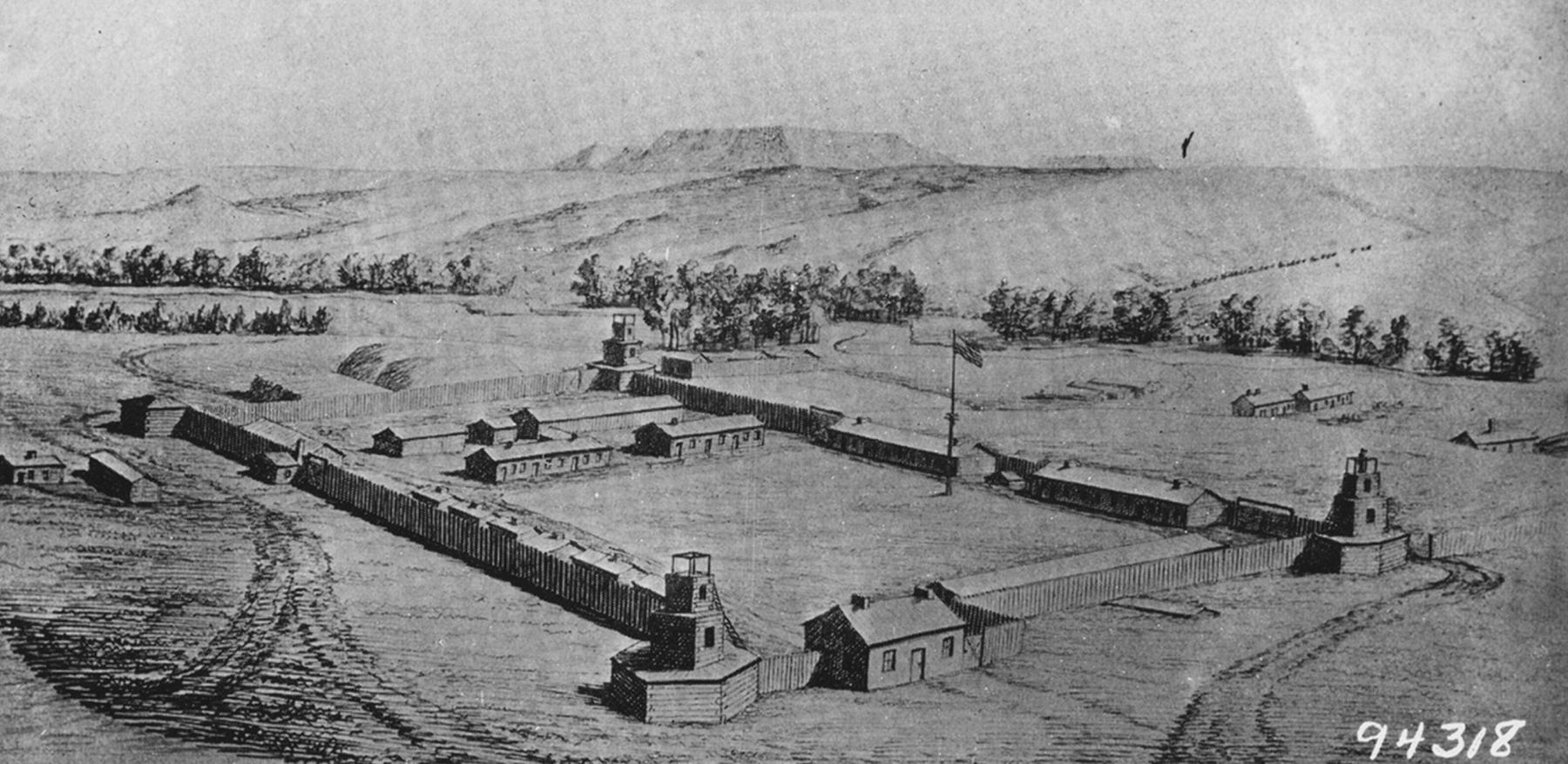Anton Schonborn’s 1867 drawing of Fort Reno shows a much more substantial place than it would have been in 1865, when the Sawyers Expedition passed through and left Capt. George Williford to take command of the garrison. American Heritage Center, University of Wyoming.