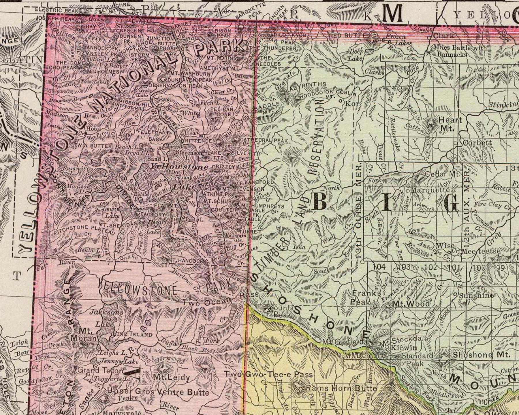 This section of an 1897 Rand McNally map of Wyoming shows the state’s northwestern corner, including Yellowstone Park and Jackson Hole, then in Uinta County, in pink; Big Horn County in green and a corner of Fremont Couty in yellow. Meeteetse, on today’s highway between Thermopolis and Cody, is located at right center. Heart Mountain, north of present Cody and the Stinking Water (now Shoshone) River is at upper right. David Ramsey map collection. The Absaroka Mountains, not named here, run north-south along