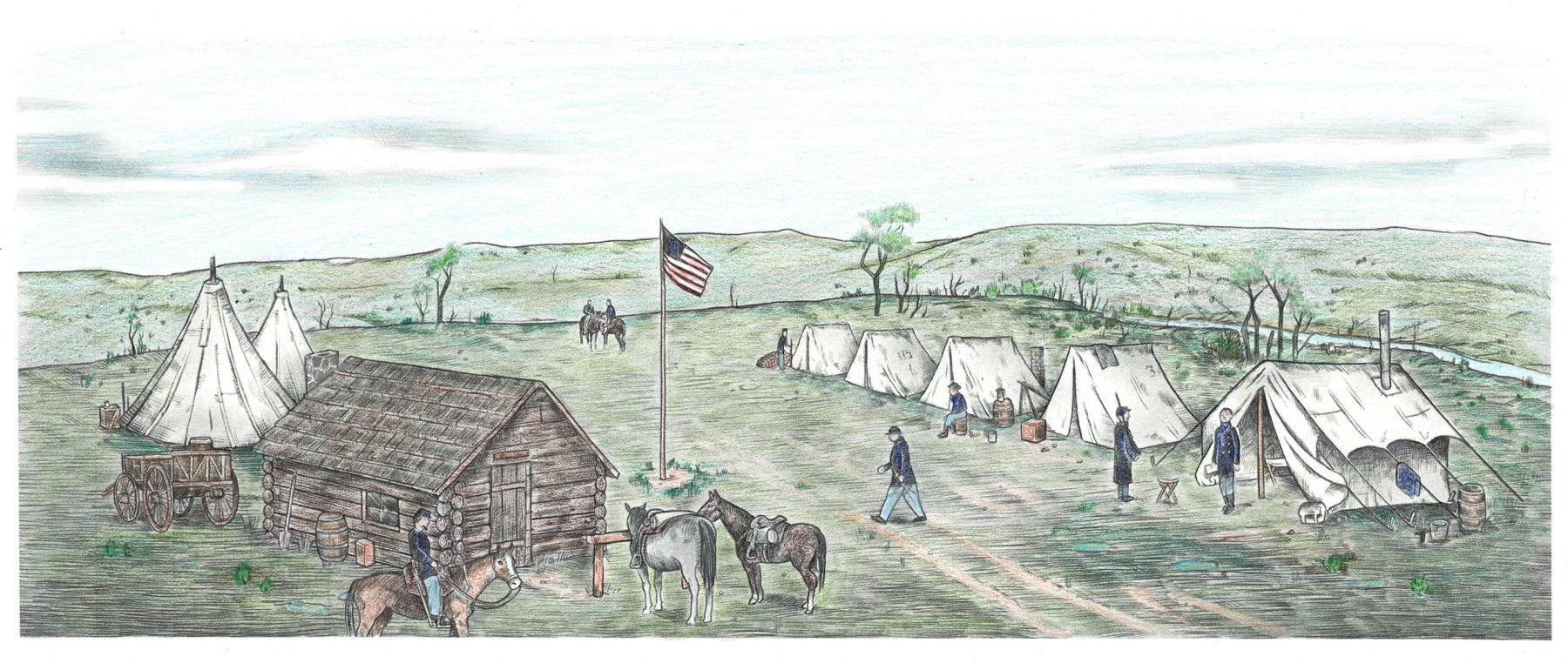 Camp Dodge was largely a tent camp, but included three buildings, one of which was regimental headquarters. Located at the foot of Casper Mountain, the spot allowed for clear views clear in multiple directions from high ground. Andy Robbins sketch, colored by the author. drawing of a camp on the plains consisting of tents, tepees and a log house, with a U.S. flag flying