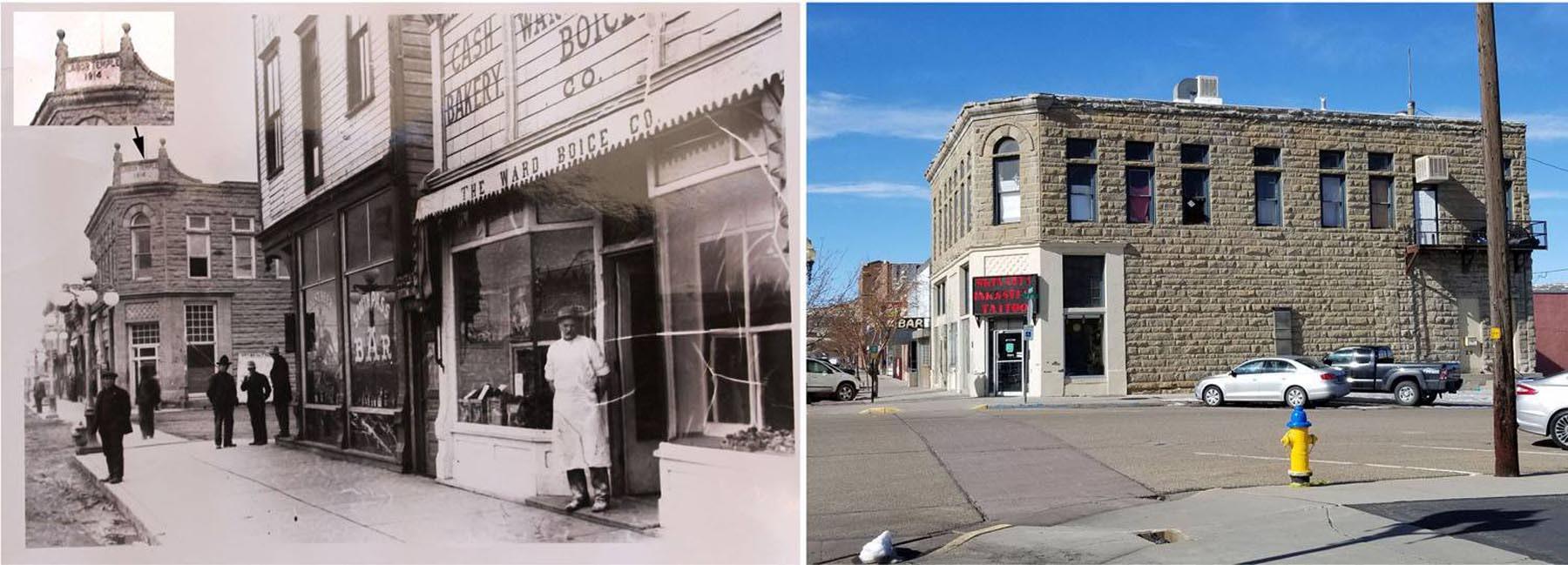 Douglas Preston maintained his law office in this building at the corner of North Front and J streets in Rock Springs, Wyoming. At different times an opera house, a labor temple, and the Grand Theater, in 2025 it houses a tattoo parlor. side-by-side images of the building housing Preston's law office, one from around 1900, the other present day