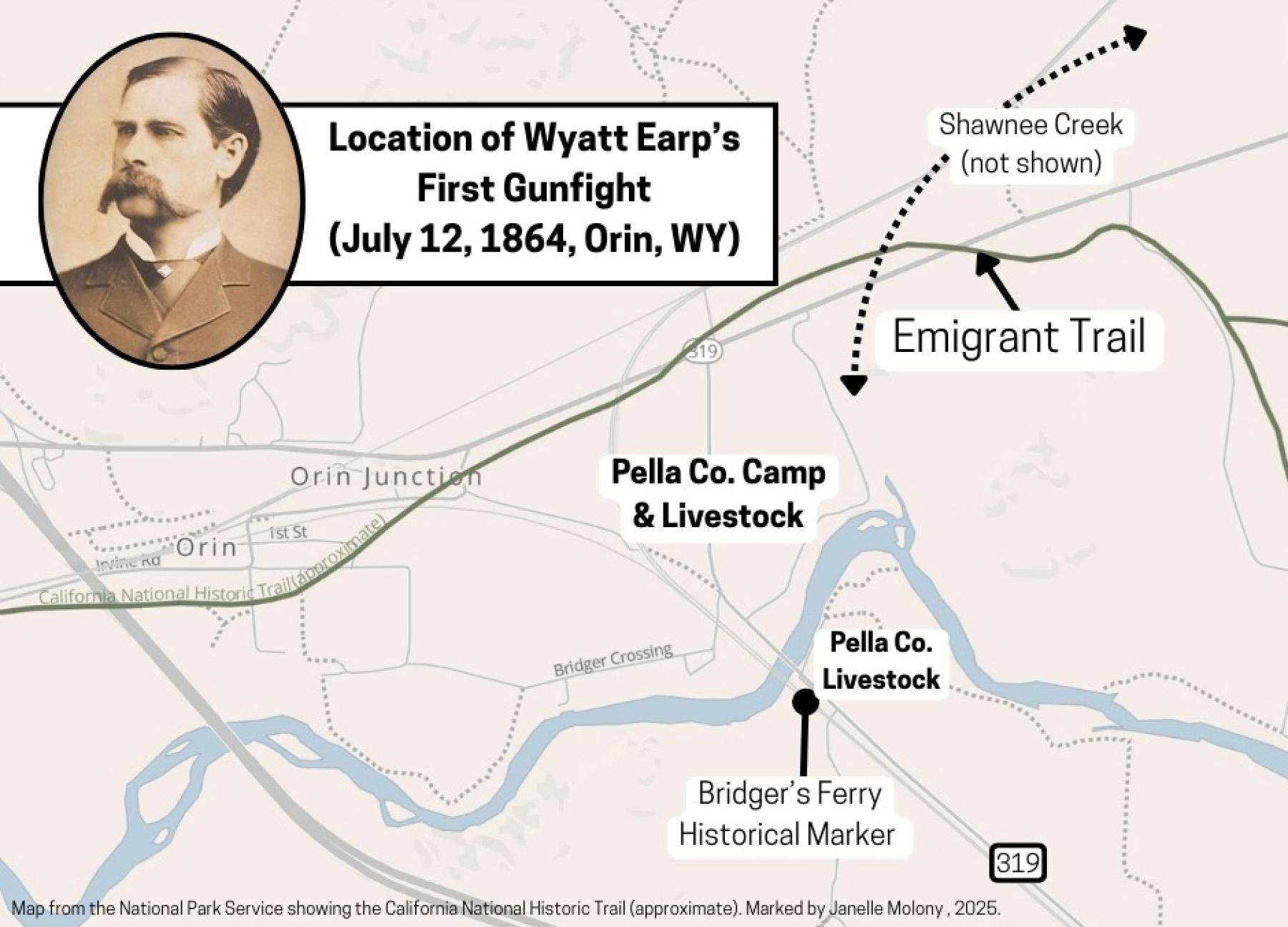 Map shows of Wyatt Earp's frist guynfight location at Orrin, Wyo, with photo of Earpp