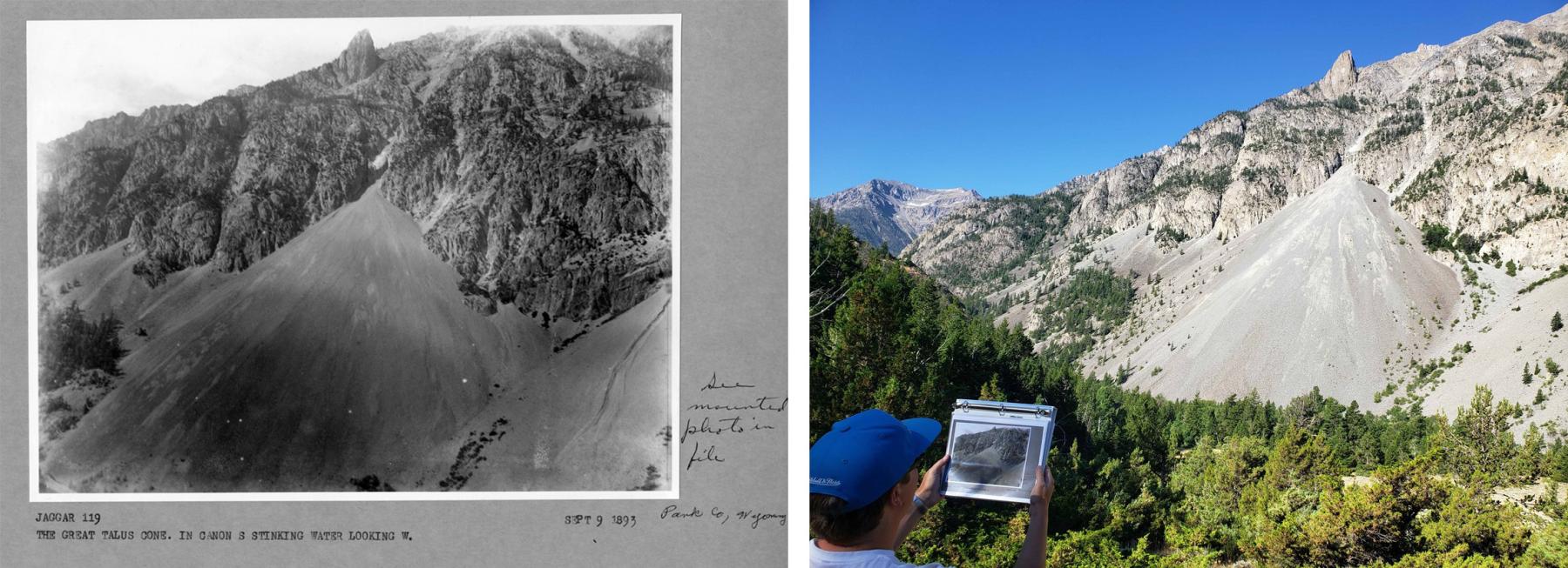 comparison photos of talus cone, one from 1893, the other showing the photogrpher holding a copy of the 1893 phoot in front of the same formation. The forested area has grown substantially since the 1893 shot. 