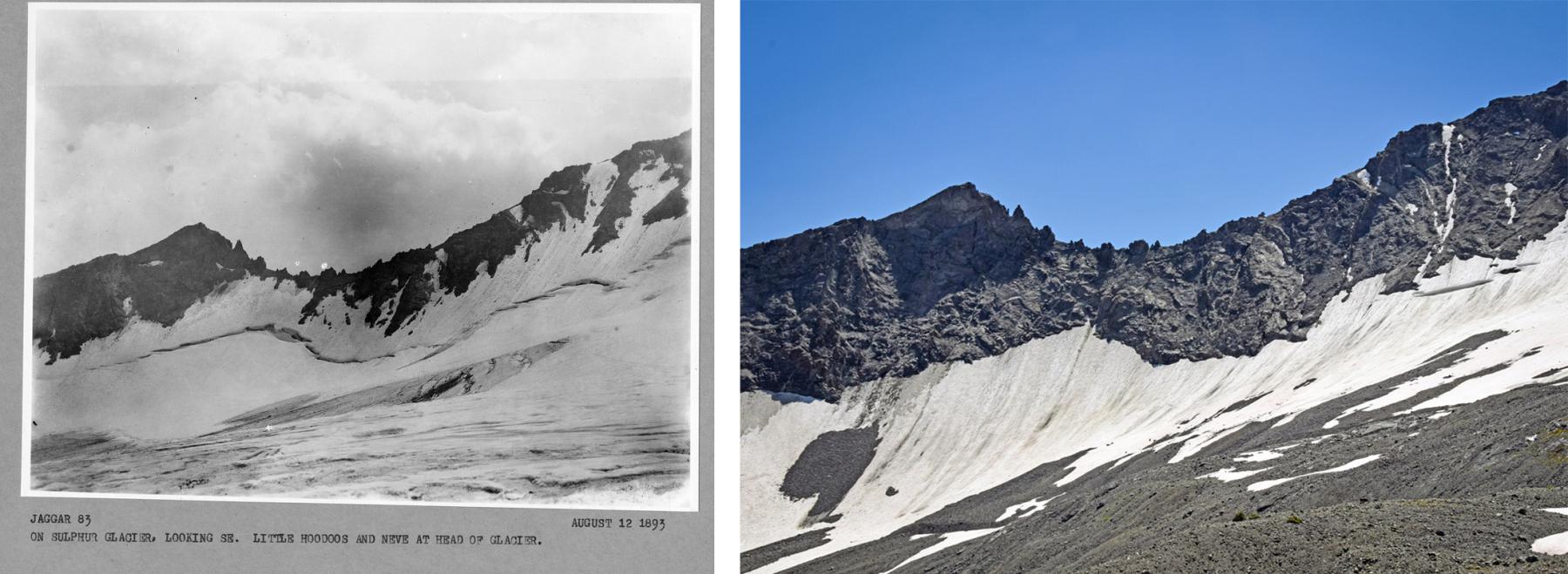 1893 photo of a glacier and extensive snowfields under a rugged ridgeline; a more recent photo shows that ridgeline with snow fields at the foot and no glacier at all