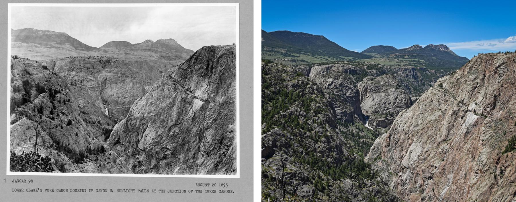 comparison of photos looking down into rugged canyons, from 1893 and the 2020s