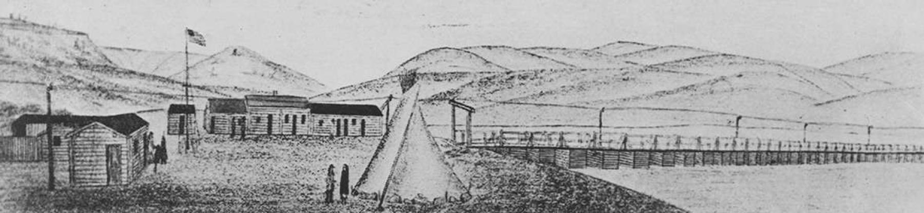 drawing of one-story log buildings and teepee next to river, near a wooden bridge that crosses to the river's opposite side