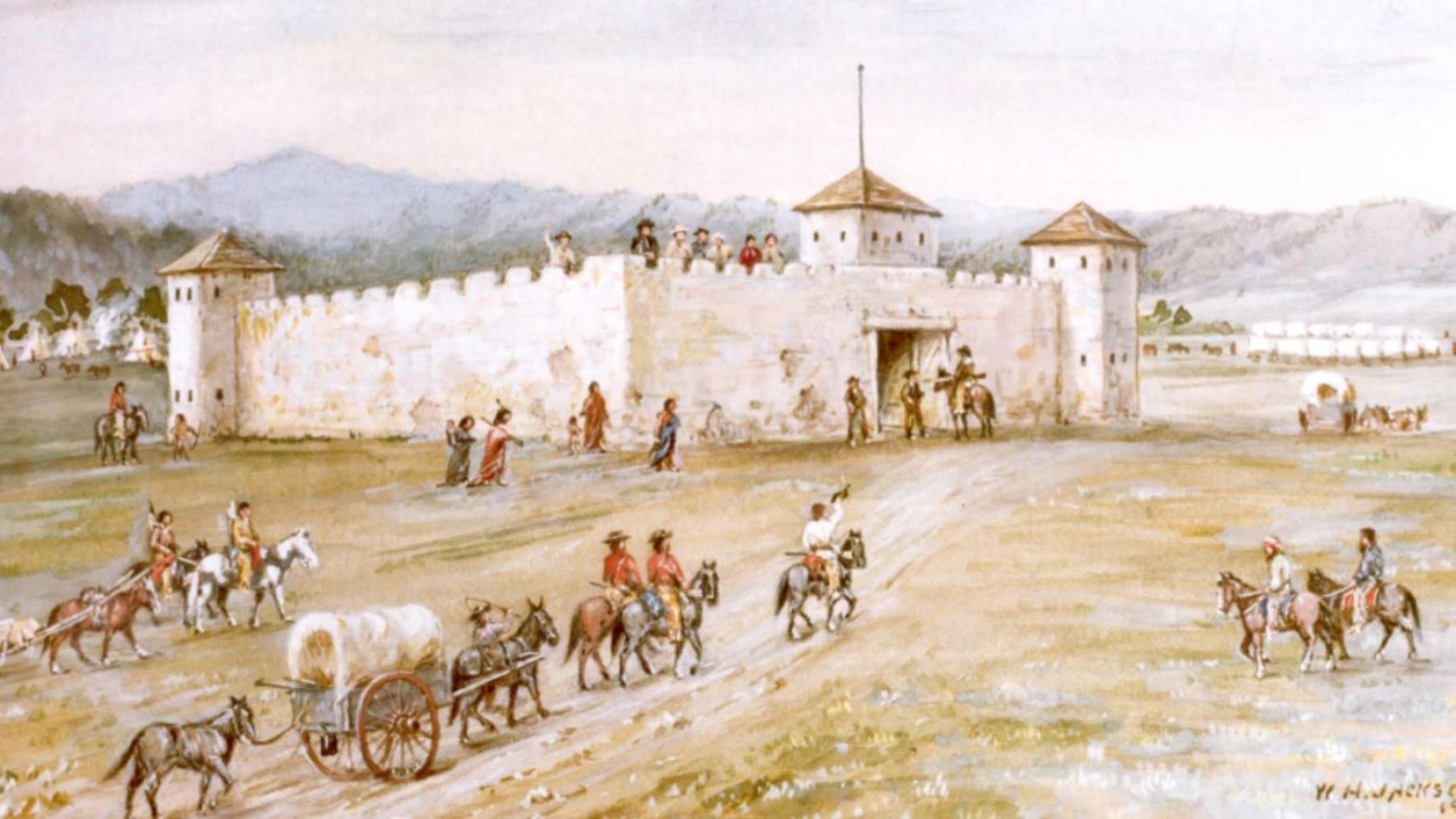 watercolor drawing of a csstle-like fort with people on horseback and in a covered wagon approaching in the foreground