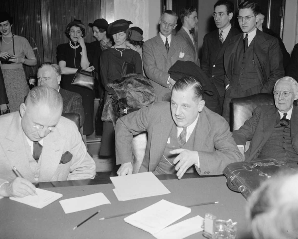 Thurman Arnold speaks with a subcommittee of the Senate Judiciary Committee in March 1938, prior to his confirmation as assistant U.S. attorney general. Library of Congress.