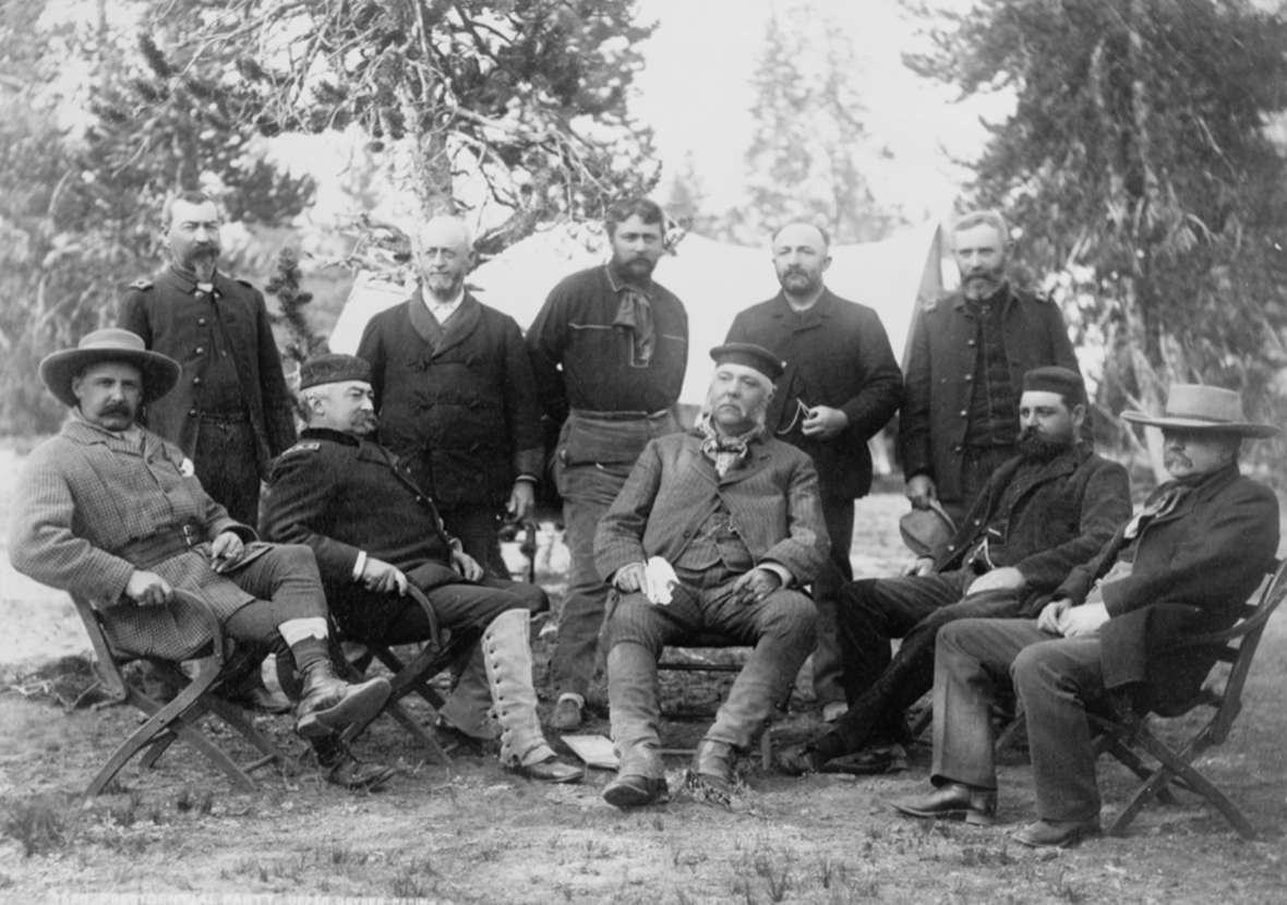 President Chester A. Arthur’s party at Upper Geyser Basin in Yellowstone Park, August 24, 1883. Seated from left, Montana Gov. Schuyler Crosby, Lt. Gen. Philip Sheridan, President Arthur, War Secretary Robert T. Lincoln, Sen. George Vest; standing from left, Lt. Col. Michael Sheridan, Gen. Anson Stager, Capt. Philo Clark, Surrogate of New York Daniel Rollins, Lt. Col. James F. Gregory. F. Jay Haynes photo, Library of Congress.