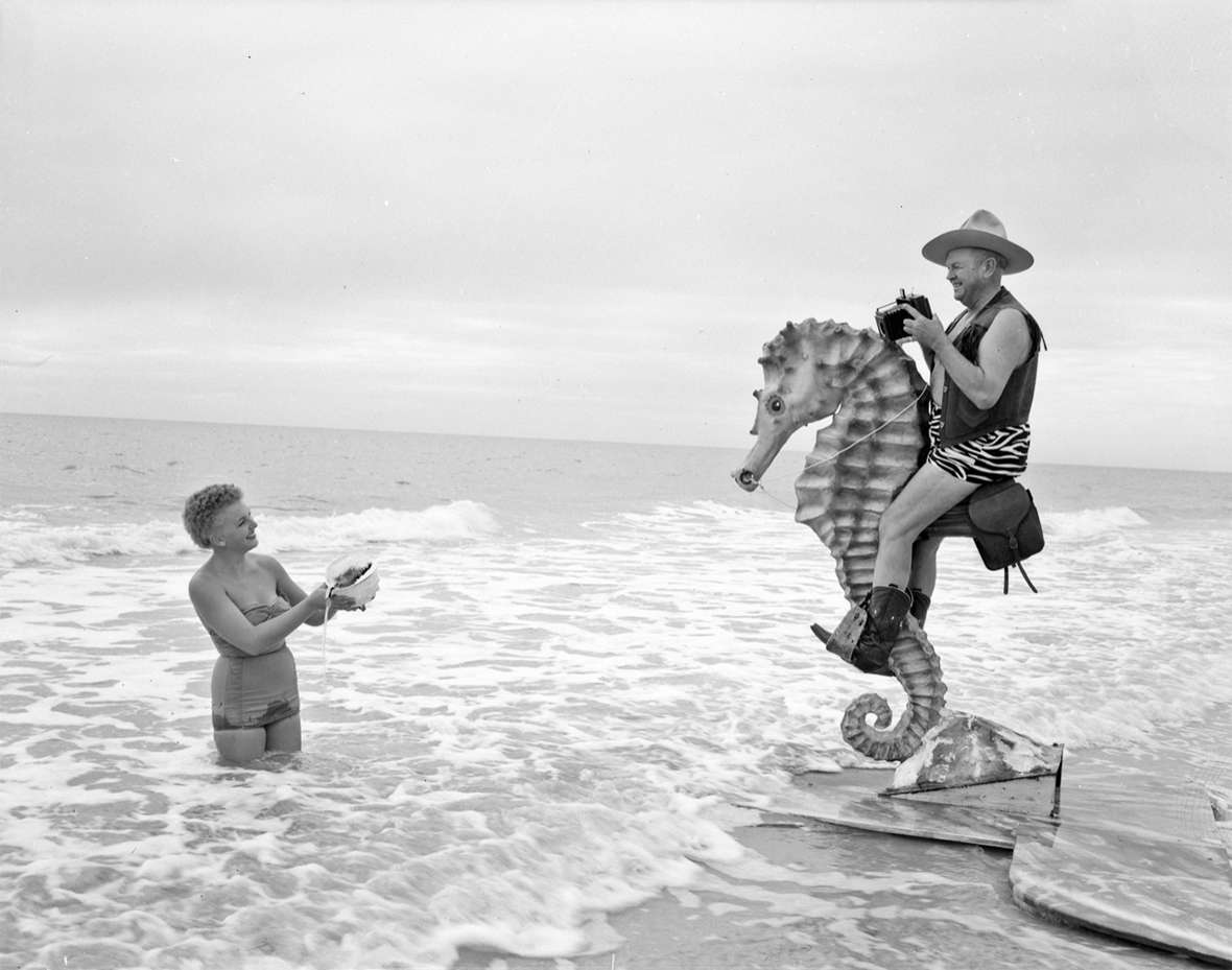 In his fifties, Belden married Verna Stouffer and moved with her to Florida. Billing himself as Seahorse Charlie Belden, he continued to take photographs, often of  sailboats, beaches and women in swimsuits.  Jack Richard photo, Buffalo Bill Center of the West. 