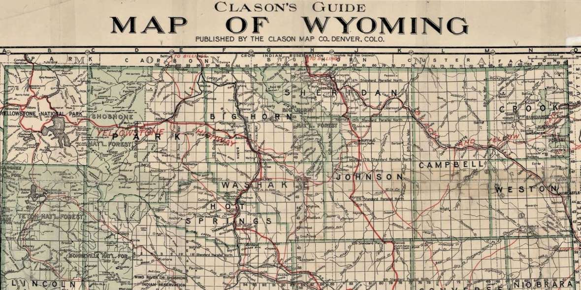 The north portion of Clason’s 1916 map of Wyoming depicts the Black and Yellow Trail and the Yellowstone Highway in red, reflecting the routes as they were laid out by that year.  Both routes would evolve over time, but the original vision is clear—Yellowstone National Park could finally open its East Entrance to auto tourists. Wyoming State Archives. Click to enlarge.