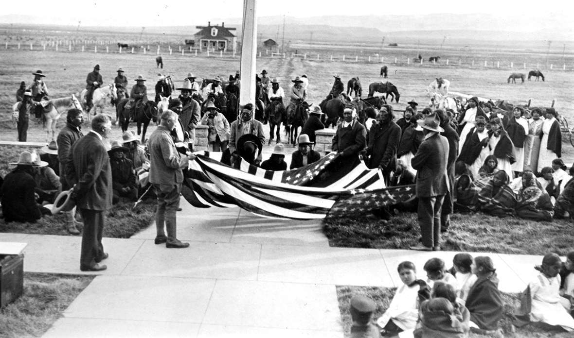 A flag-raising ceremony Fort Washakie, Wyo., October 1913, with Eastern Shoshone and Northern Arapaho people on hand. The event was part of  a so-called citizenship expedition led by Philadelphia department store tycoon Rodman Wanamaker and photographer Joseph Dixon, with plans to visit 89 Indian reservations in six months to “arouse patriotism and bind the Indian tribes together,” the Lander State Journal reported. American Indians would not be U.S. citizens until 1924.  Wyoming Veterans Memorial Museum..