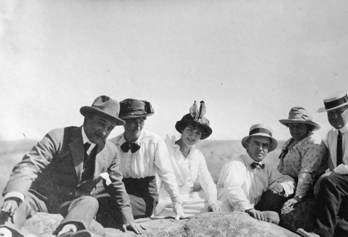 Henri Lebreton, left, and Wyoming friends Mrs. Clarkson, Mrs. Beal, D. W. Waltman, Mrs. Waltman, and John Beal, June 1914 near Pathfinder Dam. Courtesy Philippe Boucher. Henri Lebreton, left, and Wyoming friends Mrs. Clarkson, Mrs. Beal, D. W. Waltman, Mrs. Waltman, and John Beal, June 1914 near Pathfinder Dam. Courtesy Philippe Boucher.