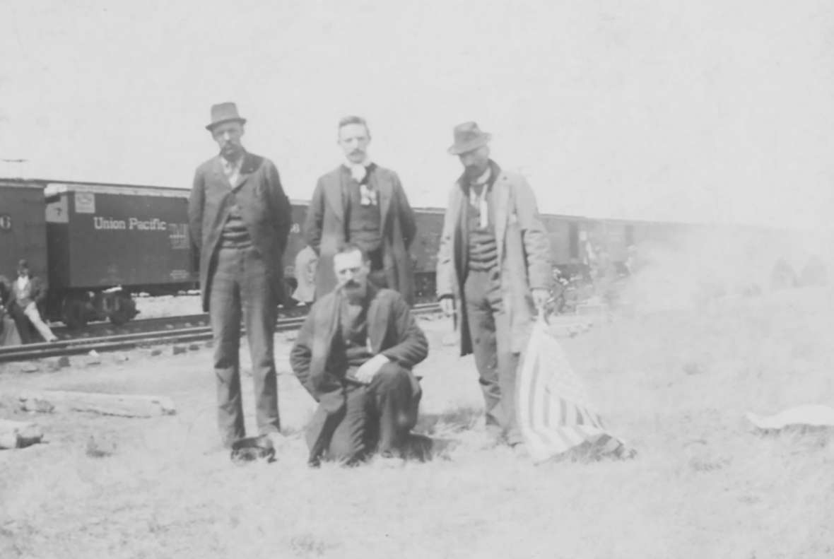 On April 12, 1894, the Laramie Republican reported 27 box cars filled with an early contingent of 1200 Coxeyites heading toward Wyoming from Utah. When they “whizzed through” Laramie and camped at Red Buttes south of town, they drew a large, sympathetic crowd. These four are along the railroad outside Laramie. American Heritage Center, University of Wyoming. On April 12, 1894, the Laramie Republican reported 27 box cars filled with an early contingent of 1200 Coxeyites heading toward Wyoming from Utah. When they “whizzed through” Laramie and camped at Red Buttes south of town, they drew a large, sympathetic crowd. These four are along the railroad outside Laramie. American Heritage Center, University of Wyoming.