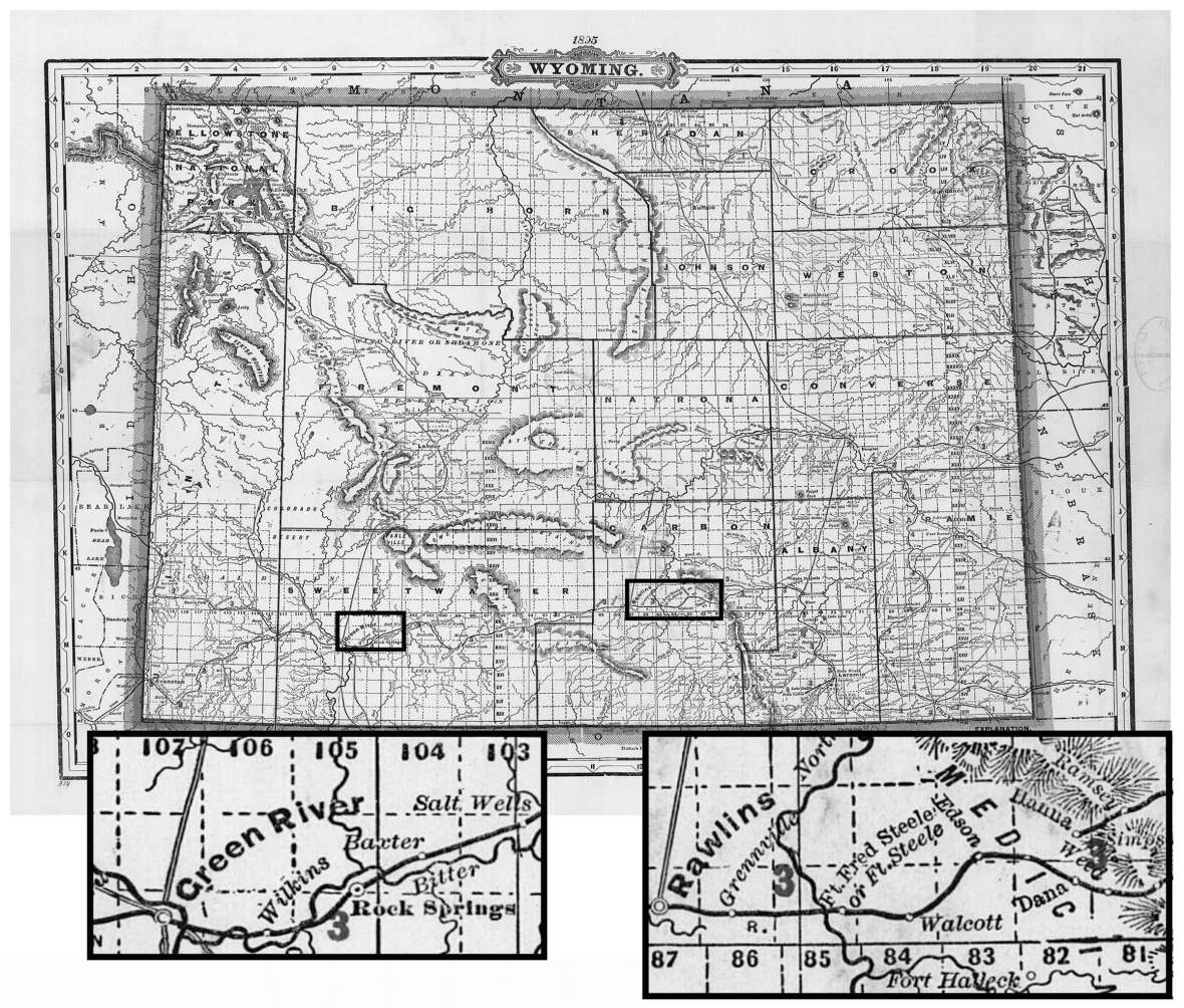 Short-lived Dana, Wyo., lay five or six miles south of Hanna and 32 miles east of Rawlins (see right-hand inset) on the main Union Pacific line. The map is Cram’s Township and Railroad Map, 1895. Library of Congress; insets by the author. Click to enlarge