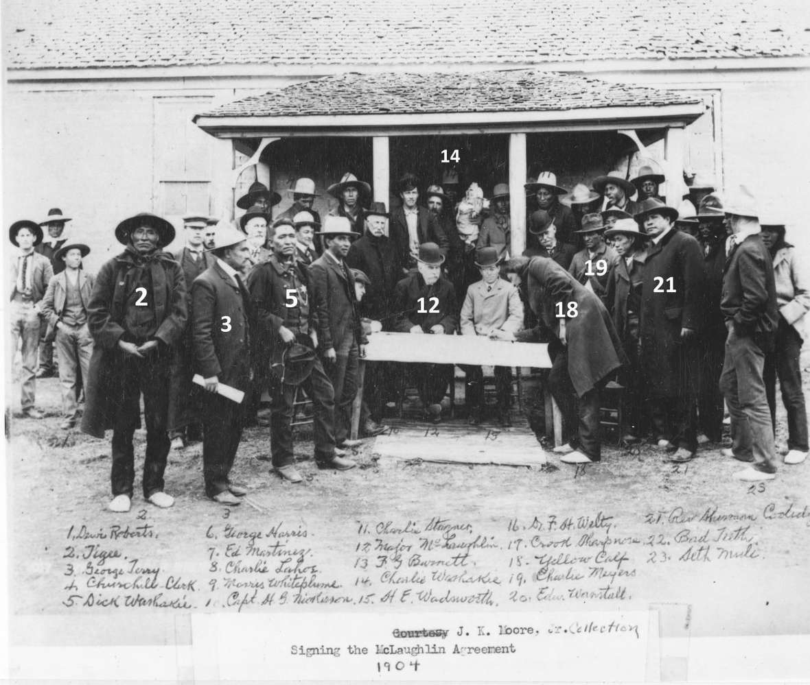 The signing of the McLaughlin Agreement at Fort Washakie, 1904. Among those identified are Tigee (2), an important Shoshone leader; George Terry (3); Dick Washakie (5), the son of Chief Washakie; Charlie Washakie (14), another son of Chief Washakie; James McLaughlin of the Indian Bureau (12); Yellow Calf (18), a prominent Arapaho, signing the document; Charlie Meyers (19); and the Rev. Sherman Coolidge (21), an Arapaho and an Episcopal priest active on the reservation. Three years later, in 1907, Charlie Meyers was identified as one of four suspects in George Terry’s murder. The crime remains unsolved. American Heritage Center via Sweetwater County Historical Museum. Click to enlarge The signing of the McLaughlin Agreement at Fort Washakie, 1904. Among those identified are Tigee (2), an important Shoshone leader; George Terry (3); Dick Washakie (5), the son of Chief Washakie; Charlie Washakie (14), another son of Chief Washakie; James McLaughlin of the Indian Bureau (12); Yellow Calf (18), a prominent Arapaho, signing the document; Charlie Meyers (19); and the Rev. Sherman Coolidge (21), an Arapaho and an Episcopal priest active on the reservation. Three years later, in 1907, Charlie Meyers was identified as one of four suspects in George Terry’s murder. The crime remains unsolved. American Heritage Center via Sweetwater County Historical Museum.