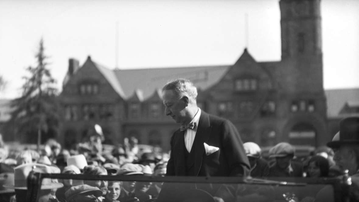 Democratic Presidential candidate Al Smith speaks at the Union Pacific depot  in Cheyenne, 1928. He opposed Prohibition and lost in a landslide. Wyoming State Archives.