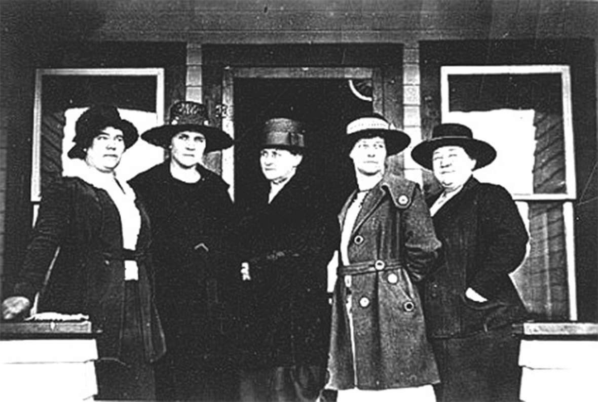 Jackson Town Council, 1921. Left to right, Mae Deloney, Rose Crabtree, Mayor Grace Miller, Faustina Haight, Genevieve Van Vleck. Wyoming Tales and Trails. Jackson Town Council, 1921. Left to right, Mae Deloney, Rose Crabtree, Mayor Grace Miller, Faustina Haight, Genevieve Van Vleck. Wyoming Tales and Trails.