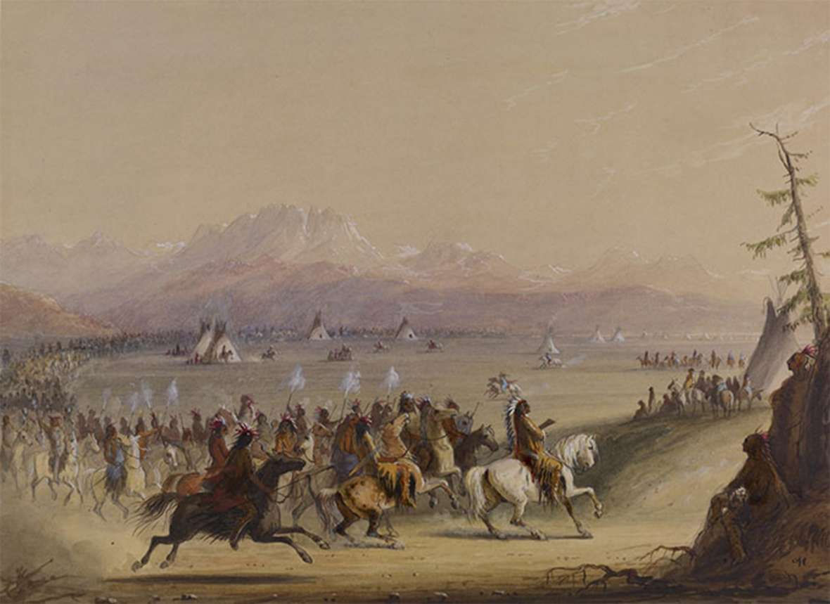 Alfred Jacob Miller’s many pictures of indigenous people in the 1830s included this of Shoshone warriors at a fur-trade rendezvous in the Green River Valley.  Not far away, in 1812, eastbound Astorian Robert Stuart stumbled on the remains of a Crow ceremonial lodge on his way to crossing South Pass with the first party of whites to do so. Walter Art Museum.