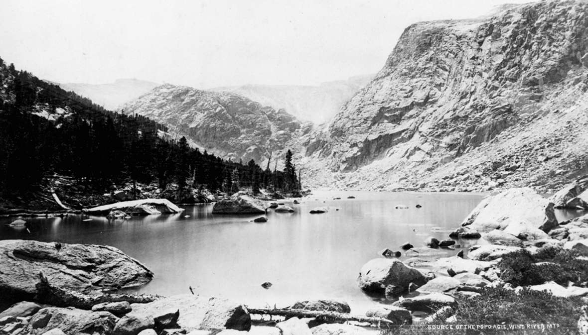 The source of the Popo Agie River in the Wind River Mountains, 1870s. The name comes from a Crow word, Poppotchaashe, an example of onomatopoeia—a play on the sound of words—that translates to “plopping river.” William Henry Jackson photo.
