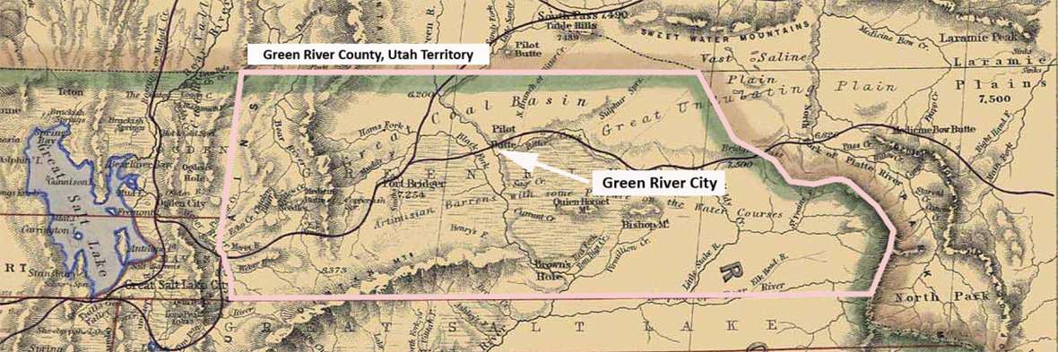 Green River County, Utah Territory, stretched from the Wasatch Range east to the Continental Divide and included large parts of what are now Uinta, Lincoln and Sweetwater counties in Wyoming. Green River Station lay where the Oregon/Mormon/California Trail crossed the Green River. Green River City later grew up 30 miles to the southeast, where the Overland Trail—the main stage route after 1862—crossed the Green River. Map prepared by author. Click to enlarge Green River County, Utah Territory, stretched from the Wasatch Range east to the Continental Divide and included large parts of what are now Uinta, Lincoln and Sweetwater counties in Wyoming. Green River Station lay where the Oregon/Mormon/California Trail crossed the Green River. Green River City later grew up 30 miles to the southeast, where the Overland Trail—the main stage route after 1862—crossed the Green River. Map prepared by author. Click to enlarge