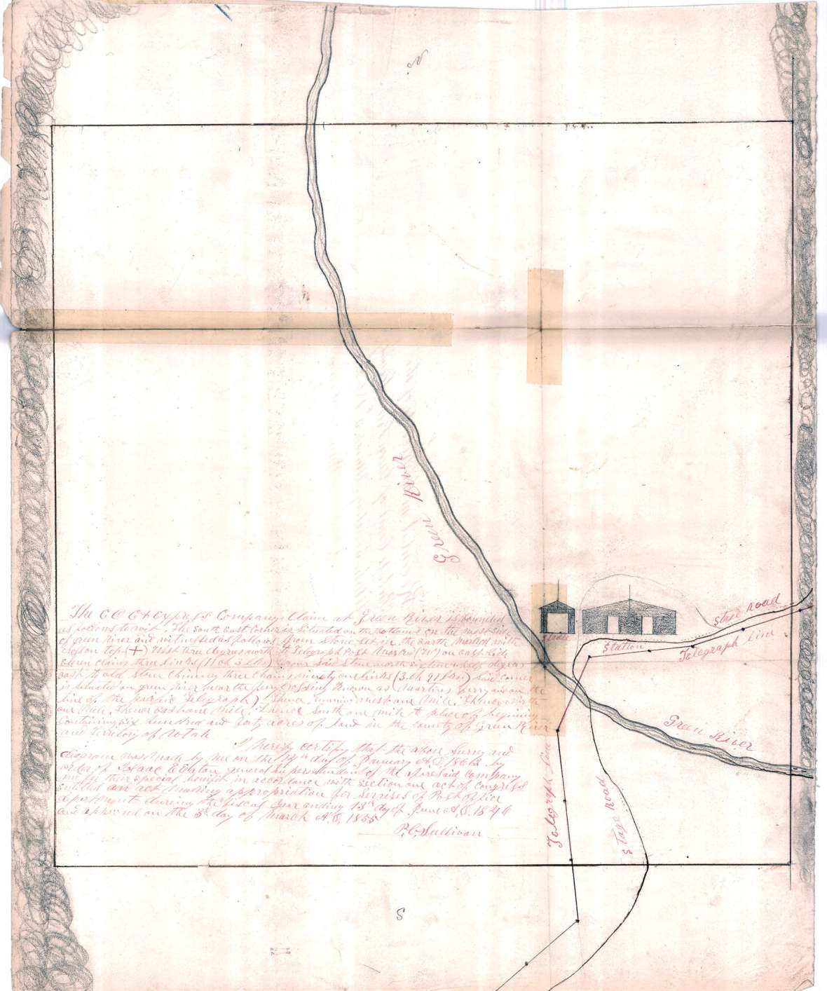 Shown here are notes and a sketch from an 1862 survey of the Central Overland California company’s claim to a square mile of land at Green River Station, prepared by a surveyor named Sullivan. See “Illustrations” at the end of the article for a transcription of the survey notes and more on the source. Wyoming State Archives. Click to enlarge Shown here are notes and a sketch from an 1862 survey of the Central Overland California company’s claim to a square mile of land at Green River Station, prepared by a surveyor named Sullivan. See “Illustrations” at the end of the article for a transcription of the survey notes and more on the source. Wyoming State Archives. Click to enlarge