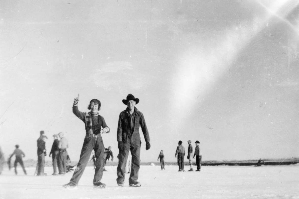 Mary Meyers and Bob Burns skate near Garland, Wyo., on the Shoshone Project, 1935. From the Bath Collection collection at the Homesteader Museum.