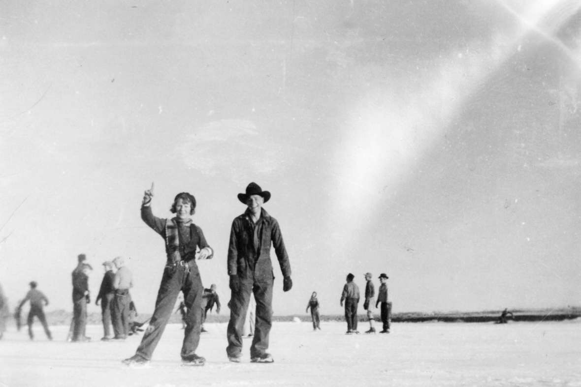 Mary Meyers and Bob Burns skate near Garland, Wyo., on the Shoshone Project, 1935. From the Bath Collection collection at the Homesteader Museum. Mary Meyers and Bob Burns skate near Garland, Wyo., on the Shoshone Project, 1935. From the Bath Collection collection at the Homesteader Museum.